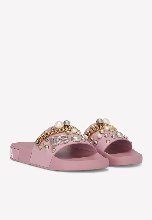 Dolce 
Gabbana Bejeweled Appliqués Beachwear Slides in Rubber Pink CW1990 AY082 80400