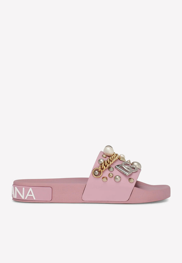 Dolce 
Gabbana Bejeweled Appliqués Beachwear Slides in Rubber Pink CW1990 AY082 80400