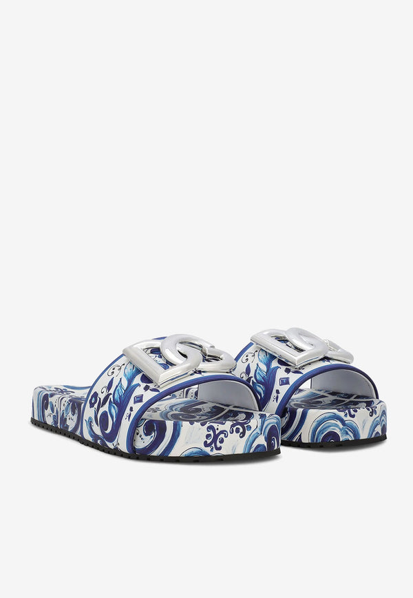 Dolce 
Gabbana Majolica Print DG Logo Slides CW2059 AB816 HA3OB Blue