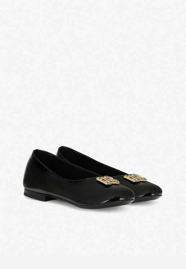 Dolce 
Gabbana Kids Girls Crystal DG Logo Ballet Flats in Patent Leather D10510 A1153 80999 Black