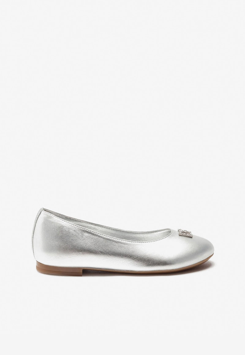 Dolce 
Gabbana Kids Girls Crystal DG Ballet Flats in Foiled Nappa Leather D10510 A6C66 80998 Silver