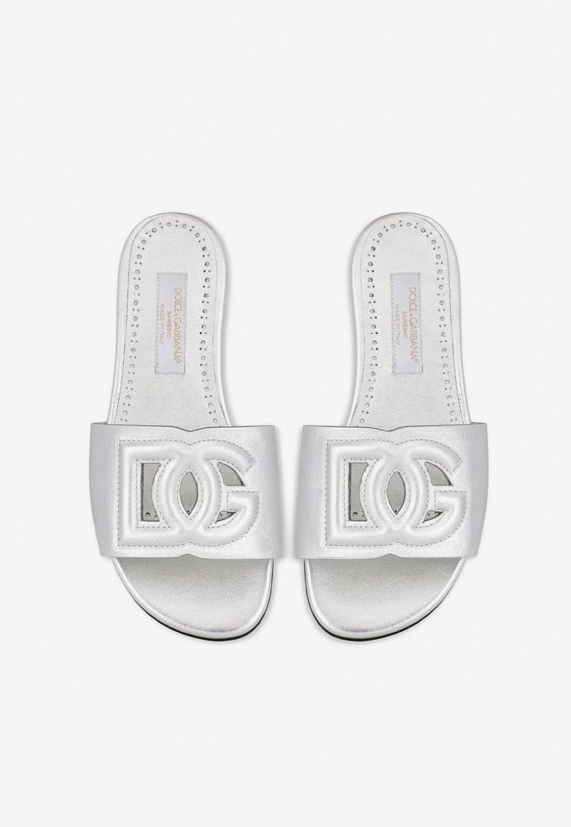 Dolce 
Gabbana Kids Girls DG Millennial Laminated Flat Sandals Silver D11032 A5439 80998