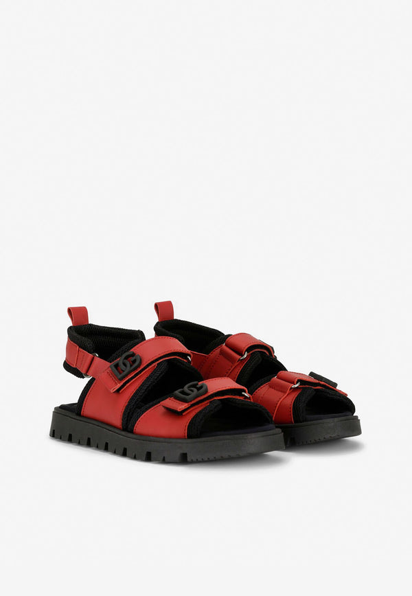 Dolce 
Gabbana Kids Boys DG Logo Sandals in Calf Leather and Mesh Red DA5049 AQ790 8B541