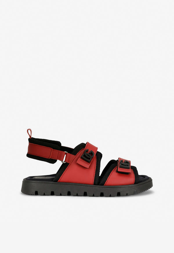 Dolce 
Gabbana Kids Boys DG Logo Sandals in Calf Leather and Mesh Red DA5049 AQ790 8B541