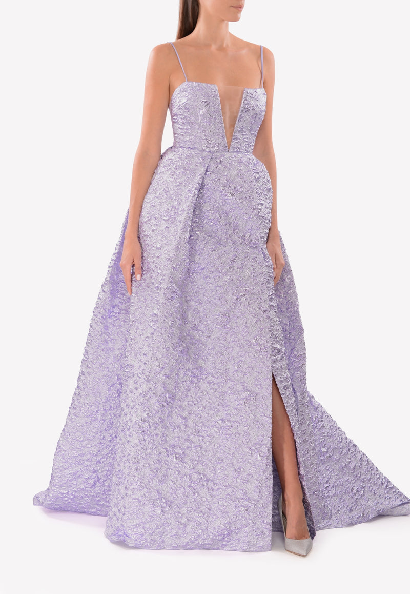 Alex Perry Purple The Keeva Lurex Floral A-Line Gown D166-Vaughn-Lilac