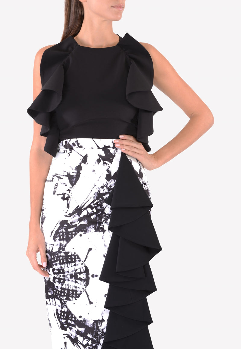 Avaro Figlio Monochrome Abstract Print Ruffled Pencil Skirt AVF SS17-39