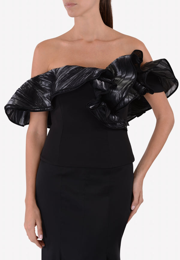 Avaro Figlio Black Ruffled Off-Shoulder Marble Top AVF SS16-48