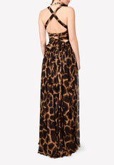 Silk Chiffon Giraffe-Print Gown with Crisscross Back