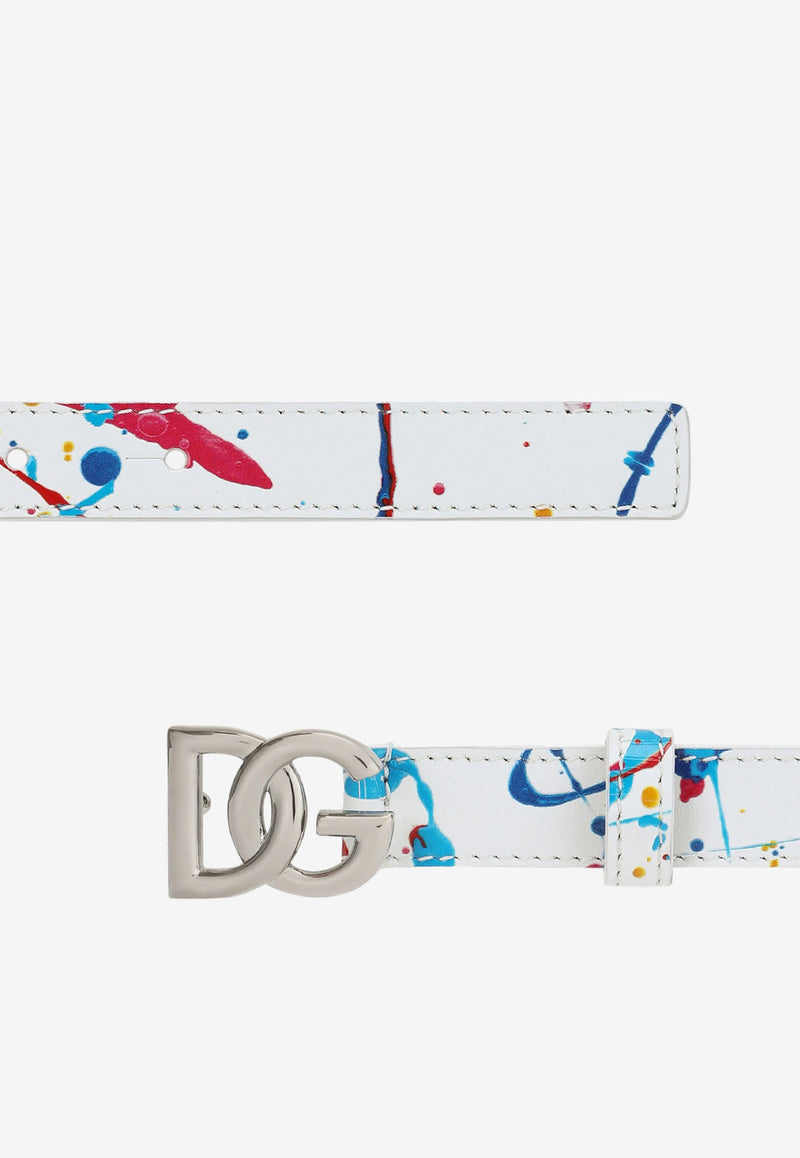 Dolce 
Gabbana Kids Boys DG Logo Color Splash Print Belt in Calf Leather White EC0076 AY395 HA3AY