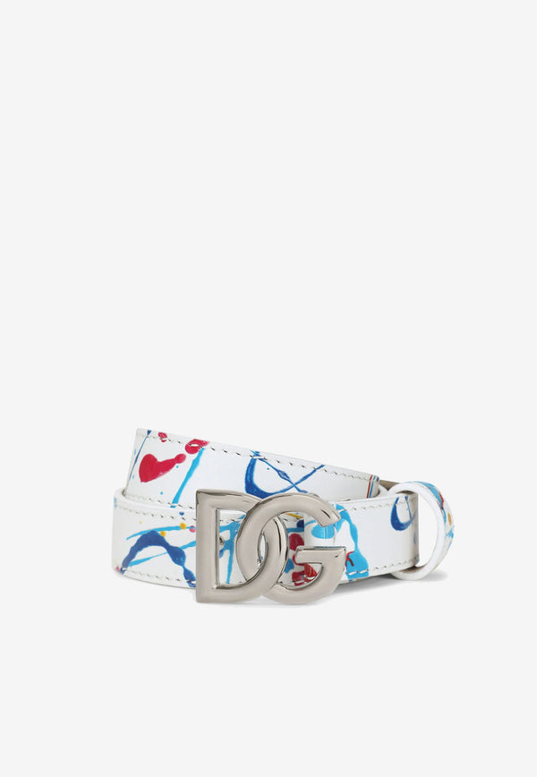 Dolce 
Gabbana Kids Boys DG Logo Color Splash Print Belt in Calf Leather White EC0076 AY395 HA3AY