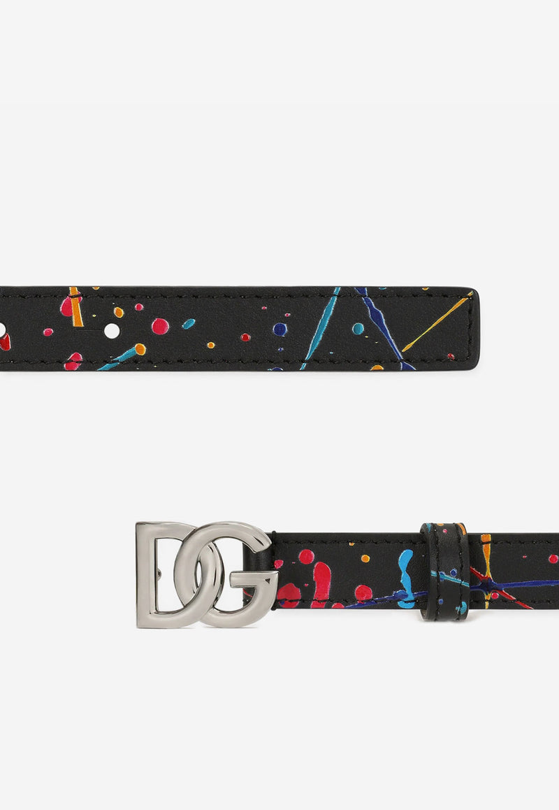 Dolce 
Gabbana Kids Boys DG Logo Color Splash Print Belt in Calf Leather Black EC0076 AY395 HN3AY