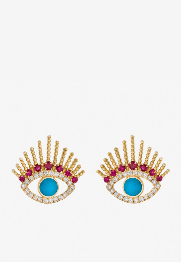 Falamank Written In The Stars Collection Evil Eye Diamond Ruby Earrings in 18-karat Yellow Gold ER407