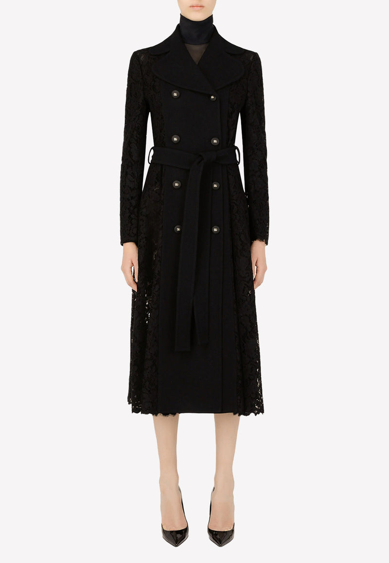 Dolce 
Gabbana Long Coat in Cordonetto Lace with Belt Black F0B5AT HLMTB N0000