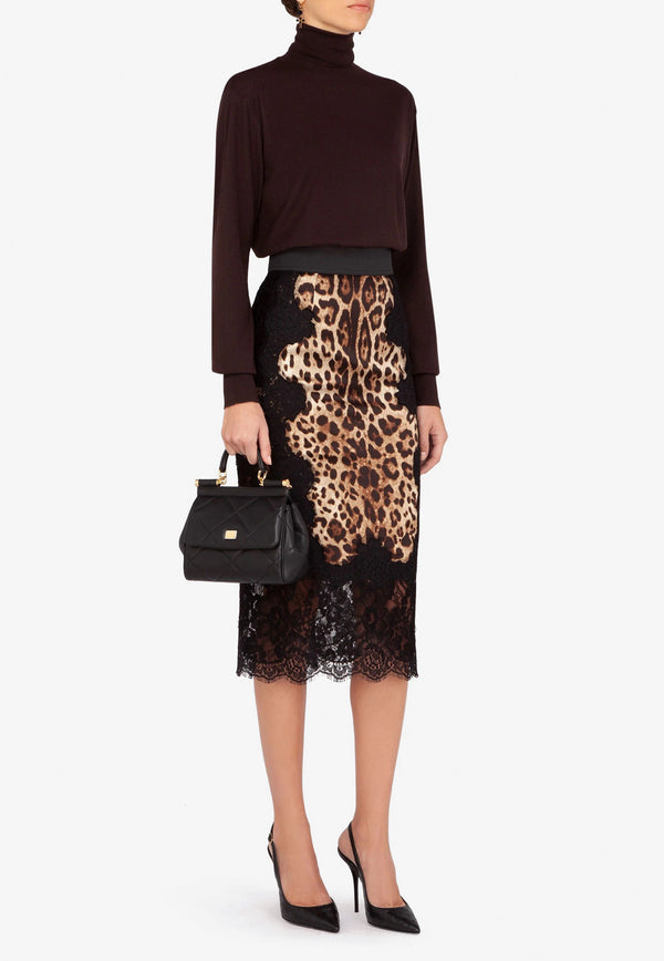 Dolce 
Gabbana Leopard Print Laced Satin Midi Skirt Black F4BHCT FSAXY HY13M