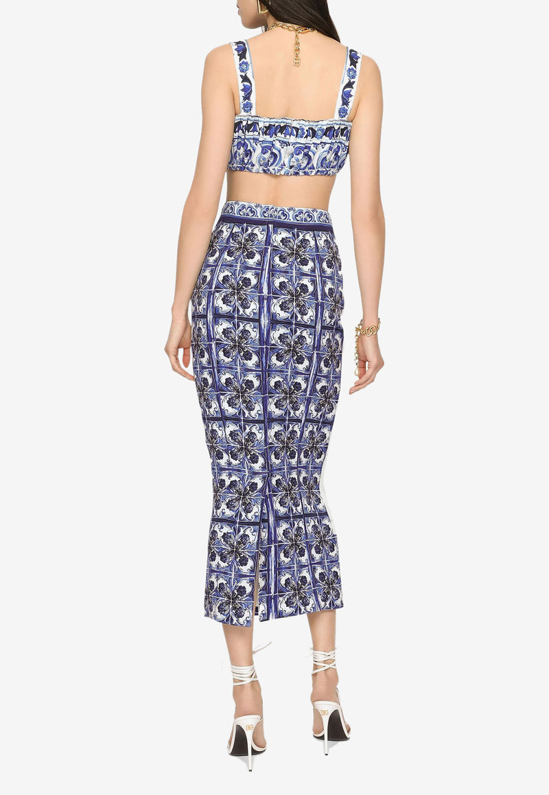 Dolce 
Gabbana Majolica Print Silk Midi Skirt F4BWLT HPABW HA3TN  Blue