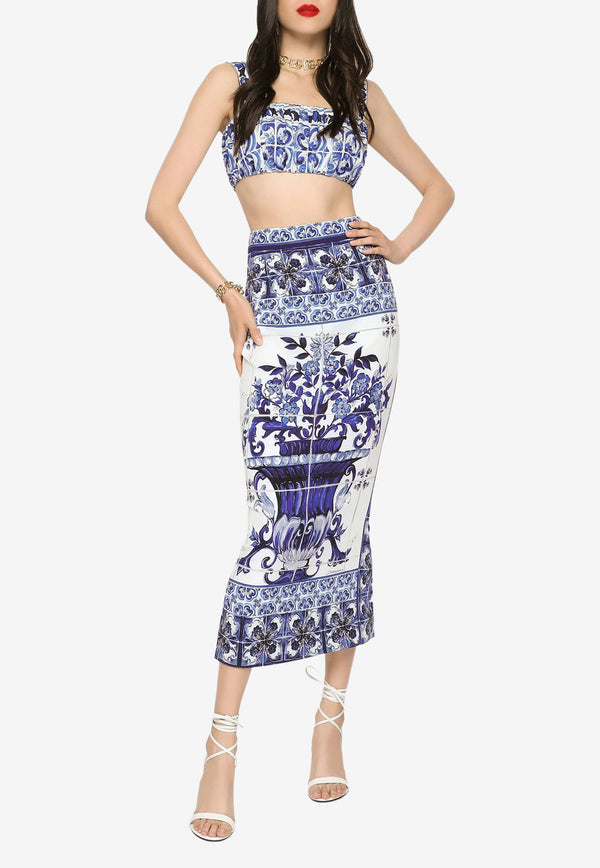 Dolce 
Gabbana Majolica Print Silk Midi Skirt F4BWLT HPABW HA3TN  Blue