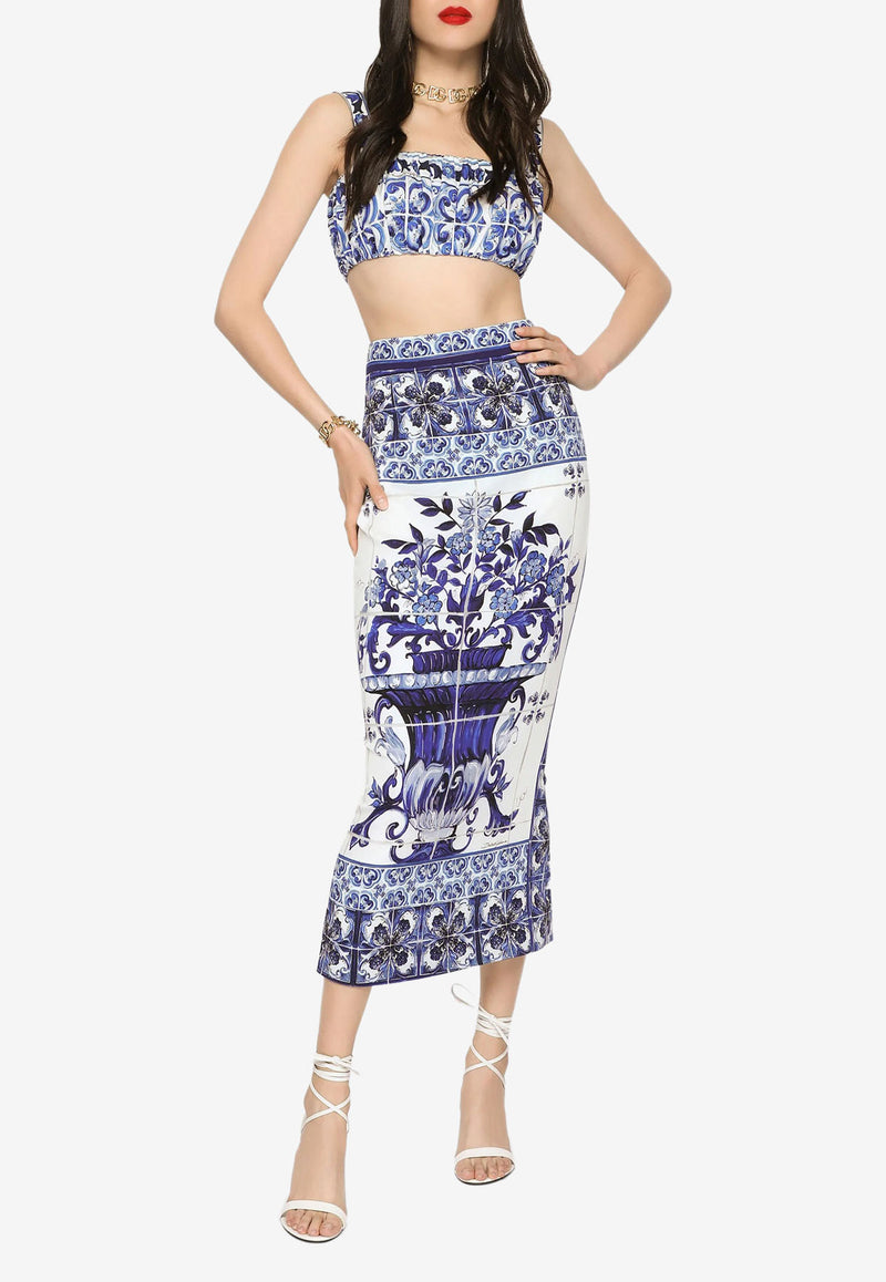 Dolce 
Gabbana Majolica Print Silk Midi Skirt F4BWLT HPABW HA3TN  Blue