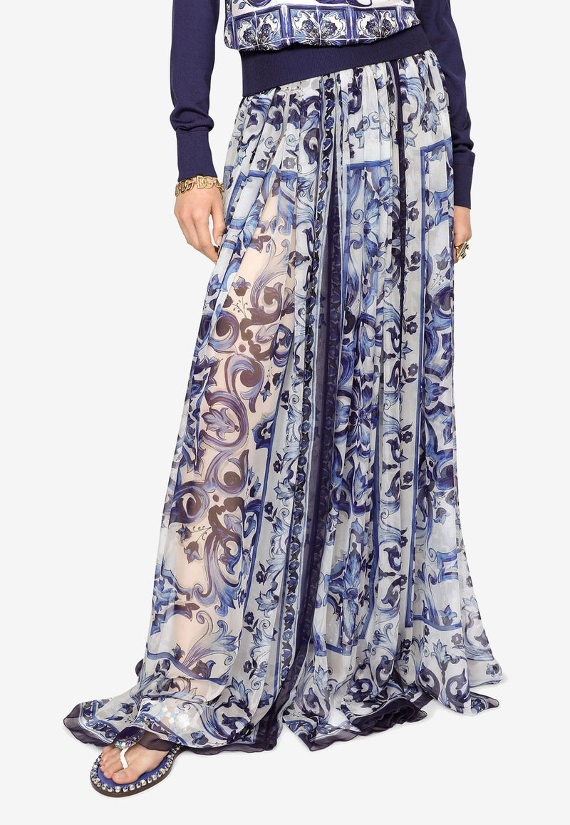 Dolce 
Gabbana Majolica Print Maxi Chiffon Skirt F4CHKT HI1BT HA3TN  Blue