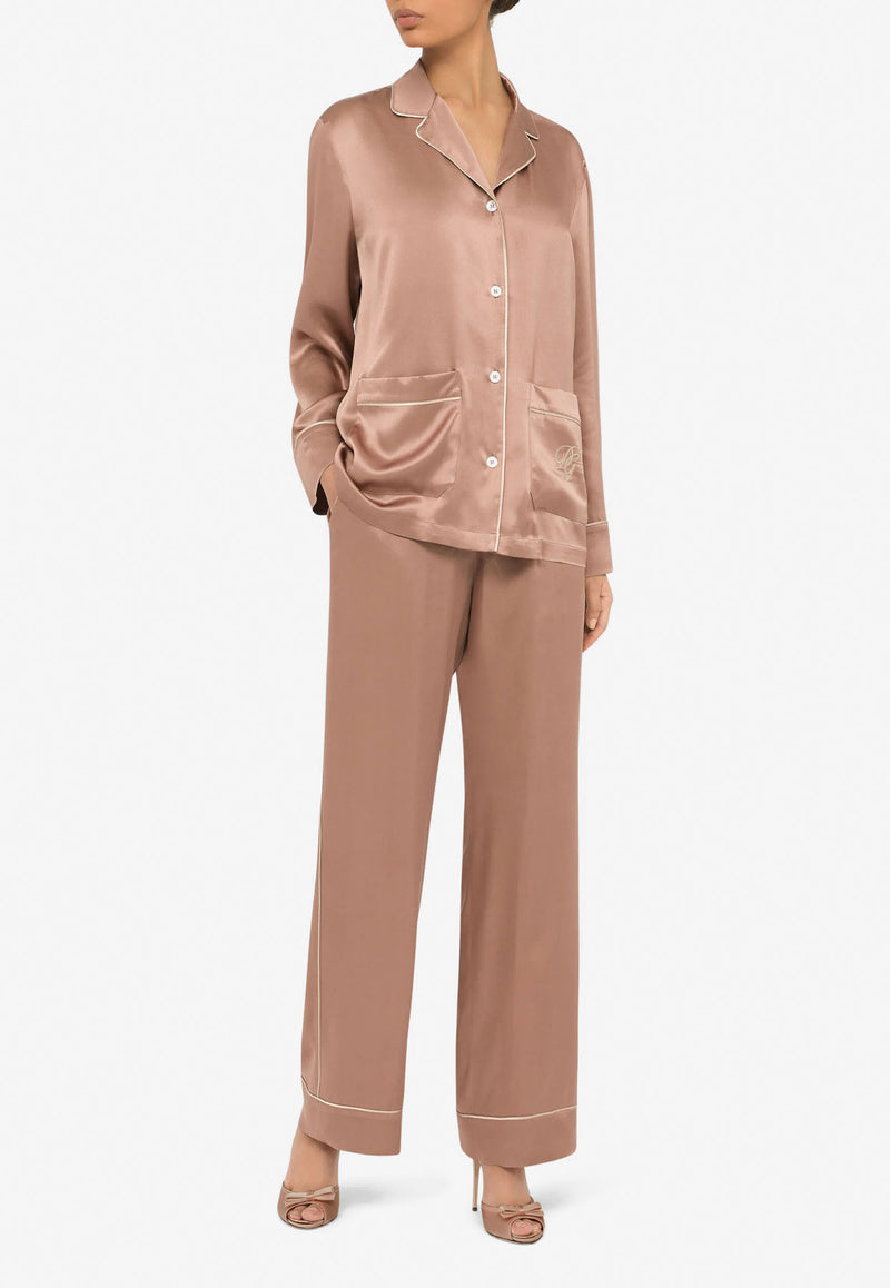 Dolce 
Gabbana DG Embroidered Pajama Shirt in Satin Brown F5O12Z FU1AU M0216