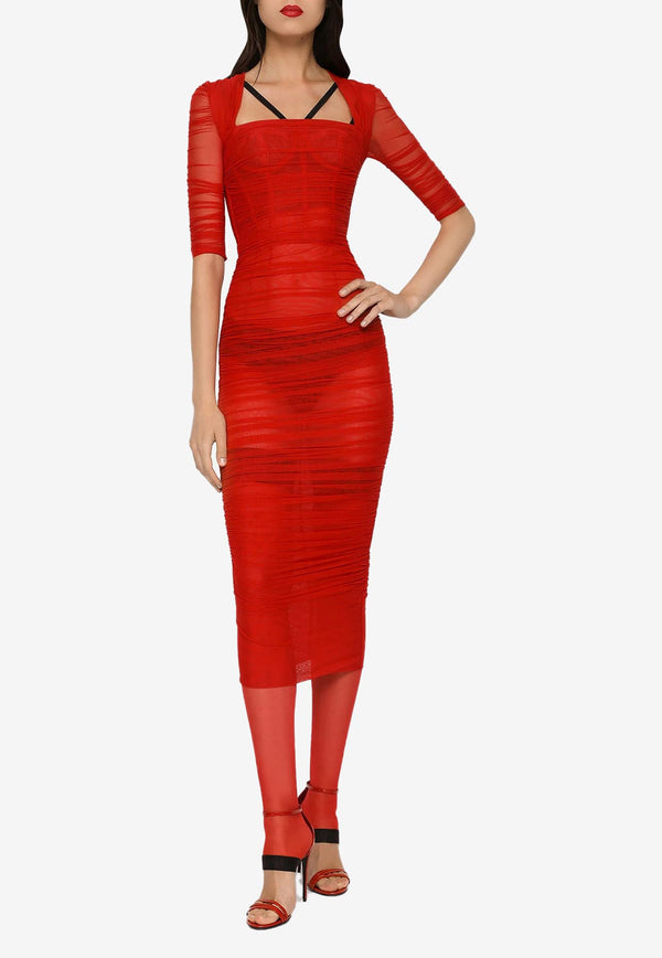 Dolce 
Gabbana Tulle Draped Midi Dress Red F6XD3T FLRDA R0365