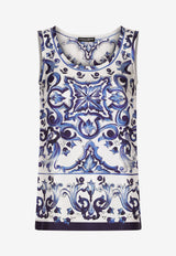 Dolce 
Gabbana Majolica Print Silk Twill Tank Top F72Y3T HI1B9 HA3TN  Blue