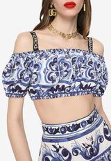 Dolce 
Gabbana Majolica Print Off-Shoulder Cropped Top F755RT HH5BA HA3TN  Blue