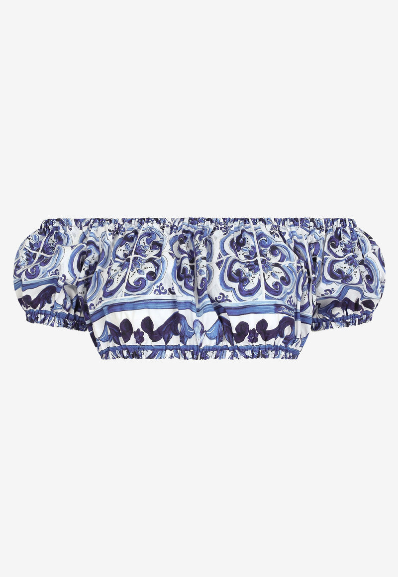 Dolce 
Gabbana Majolica Print Off-Shoulder Cropped Top F755RT HH5BA HA3TN  Blue