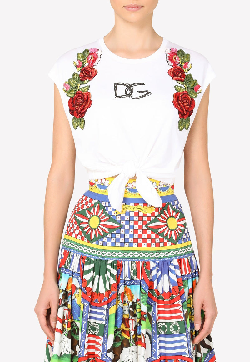 Dolce 
Gabbana Raffia Embroidered Self-Tie Cotton Crop Top White F8M30Z G7XAW W0800