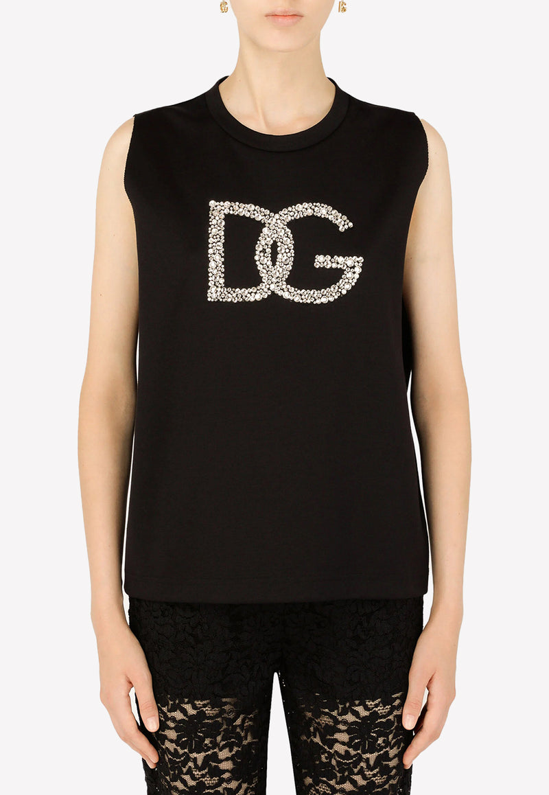 Dolce 
Gabbana Crystal Embellished Interlock Logo Tank Top Black F8Q42Z G7BUL N0000