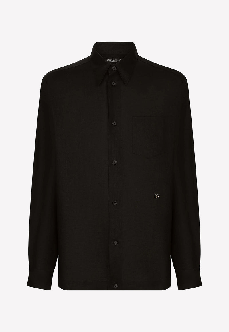 Dolce 
Gabbana Linen Long-Sleeved Shirt with DG Hardware Black G5KJ0T FU4IK N0000