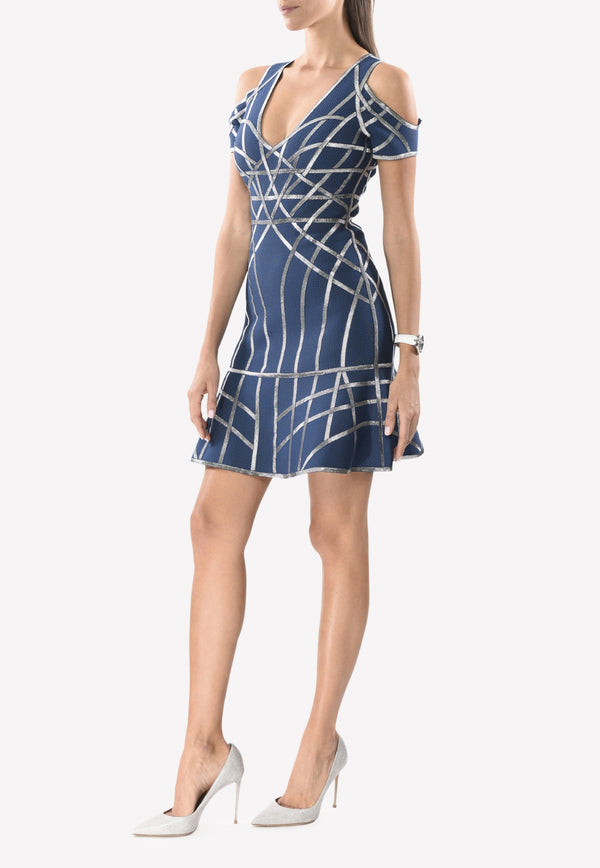 Herve Leger Blue Veronikka Caged Cold-Shoulder Flute Dress EGK67K69