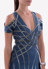 Herve Leger Blue Veronikka Caged Cold-Shoulder Flute Dress EGK67K69