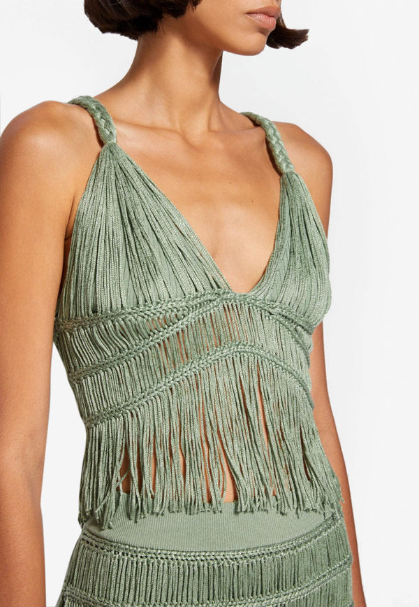 Jonathan Simkhai Claudette Macramé Bralette with Fringe Green JSGCMBT