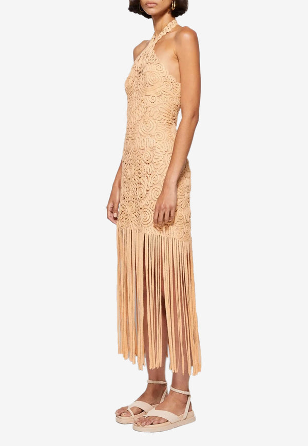 Jonathan Simkhai Alisa Embroidered Fringe Midi Dress Beige JSRAEMFD