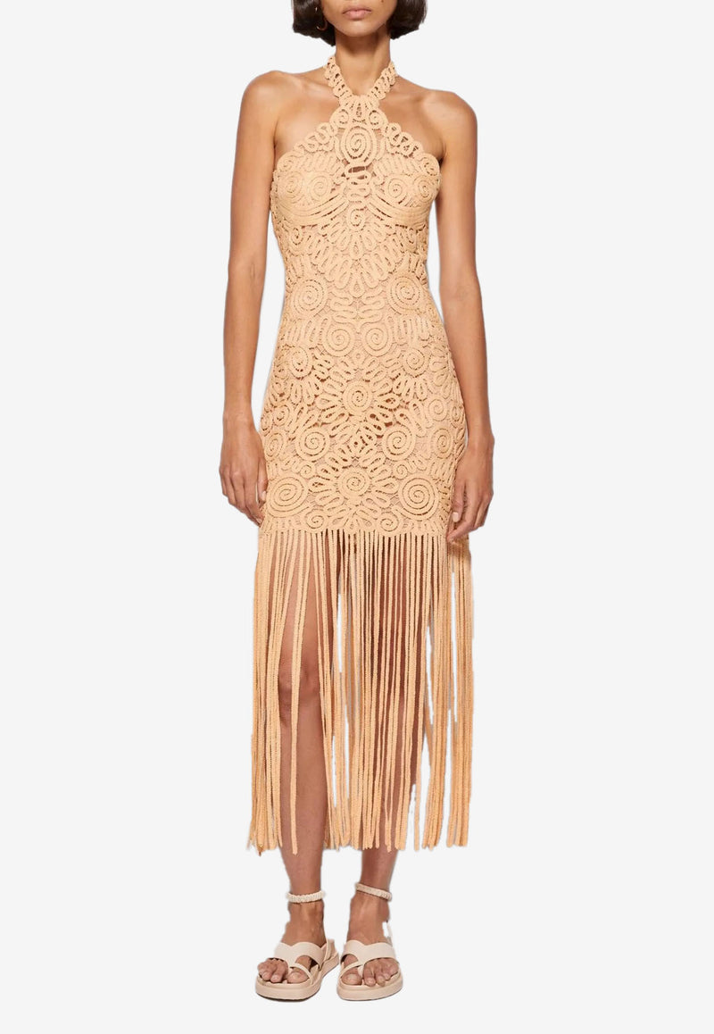 Jonathan Simkhai Alisa Embroidered Fringe Midi Dress Beige JSRAEMFD