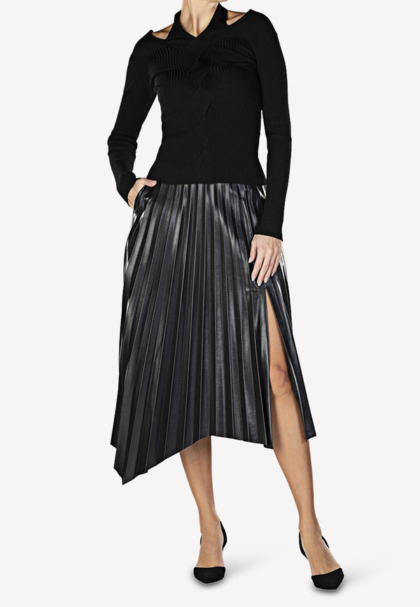 Jayla Pleated Asymmetrical Midi Skirt in Vegan Leather