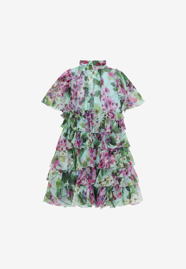 Dolce 
Gabbana Kids Girls Bluebell Print Ruffled Chiffon Midi Dress Multicolor L52DY8 IS1LH HC3JB