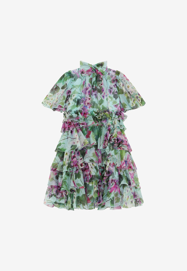 Dolce 
Gabbana Kids Girls Bluebell Print Ruffled Chiffon Midi Dress Multicolor L52DY8 IS1LH HC3JB