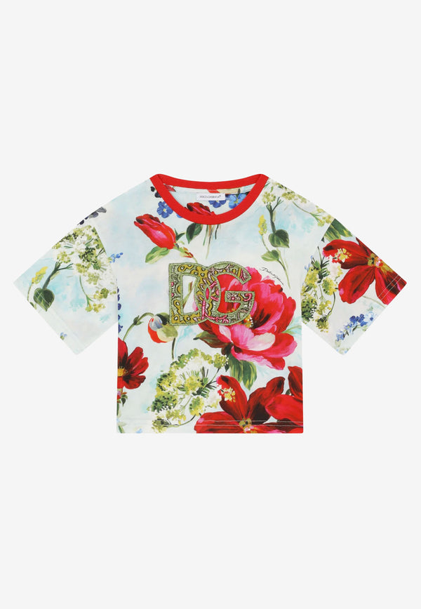 Dolce 
Gabbana Kids Girls Garden Print T-shirt with Brocade DG Patch Multicolor L5JTIJ HS7HD HC3JD