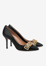 Moschino 85 Crystal Embellished Logo Pumps in Calf Leather MA10088C1GMF0000 VITELLO NERO Black