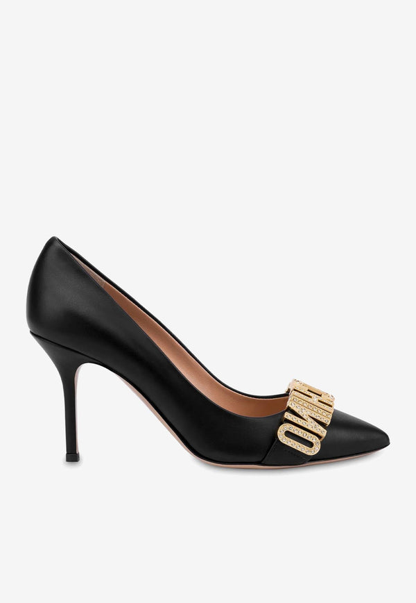 Moschino 85 Crystal Embellished Logo Pumps in Calf Leather MA10088C1GMF0000 VITELLO NERO Black