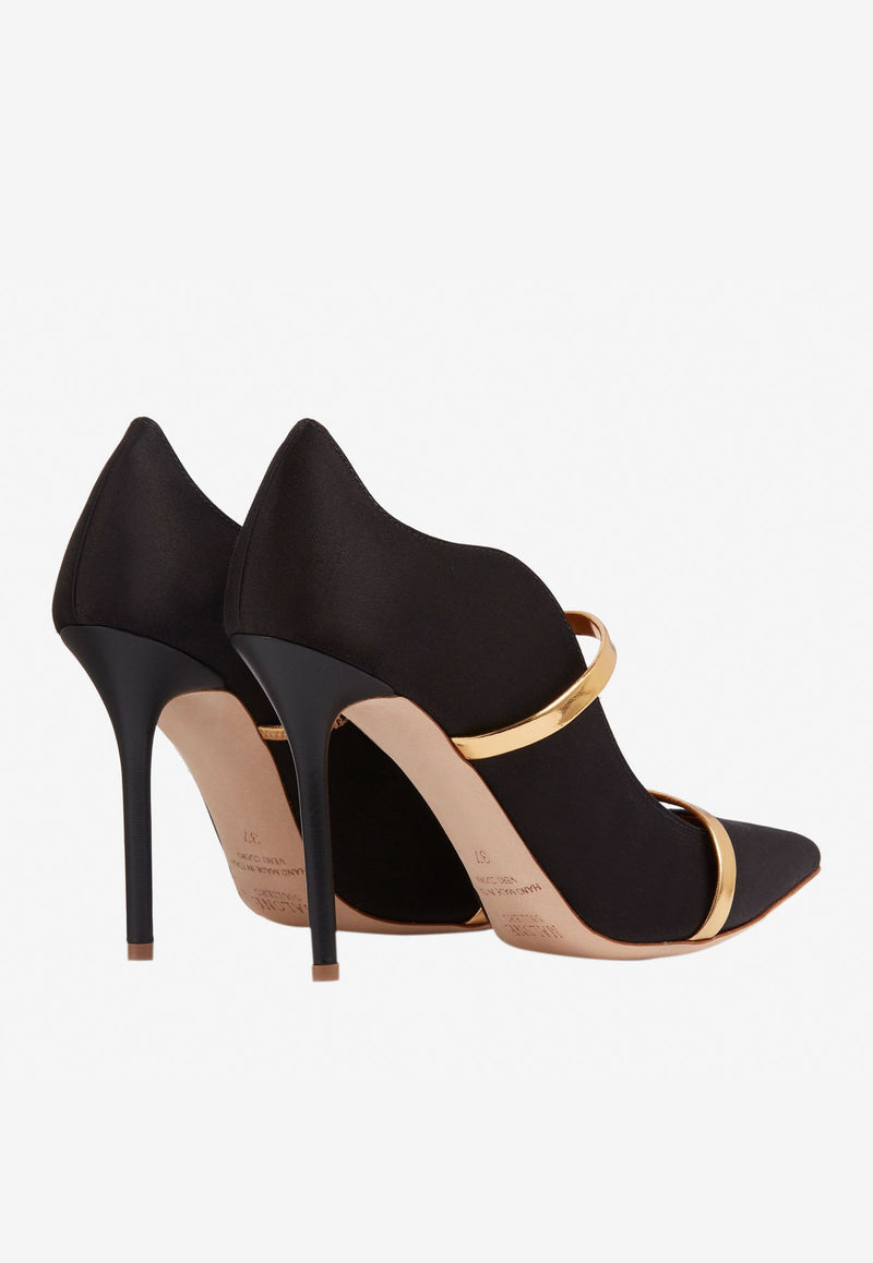 Malone Souliers Maureen 100 Pointed Pumps in Satin Black MAUREENPUMP 100-33BLACK GOLD