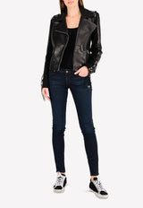 Leather Biker Jacket with Stretch-Knit Panels and Lace-up Trims