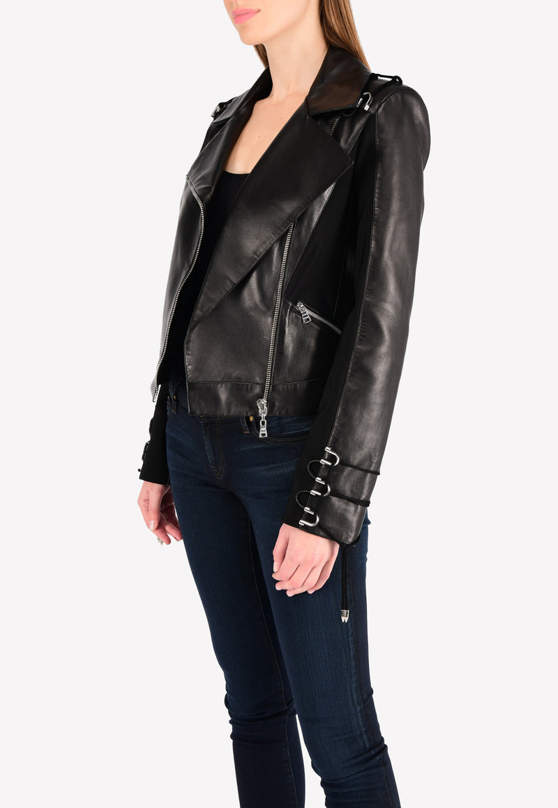 Leather Biker Jacket with Stretch-Knit Panels and Lace-up Trims