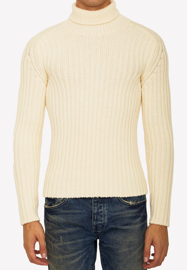 Ten C Turtleneck Ribbed Knit Wool Sweater 22CTCUM04184-006450-107 White