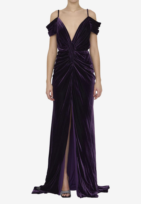 Costarellos Off-Shoulder Maxi Velvet Dress Purple FW22 - 54--DEEP PURPLE