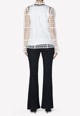 Check Embroidered Blouse with Ruffled High-Neck