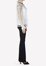 Check Embroidered Blouse with Ruffled High-Neck