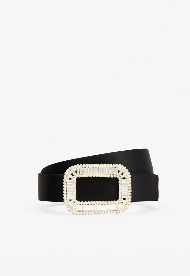 Roger Vivier Pilgrim Crystal Buckle Belt in Satin Black RCWC0681100RS0B999 B999