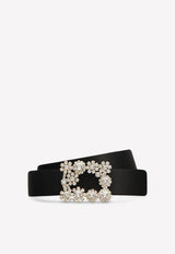 Roger Vivier Floral Crystal Buckle Belt in Satin Black RCWC0AD0100RS0B999 RASO